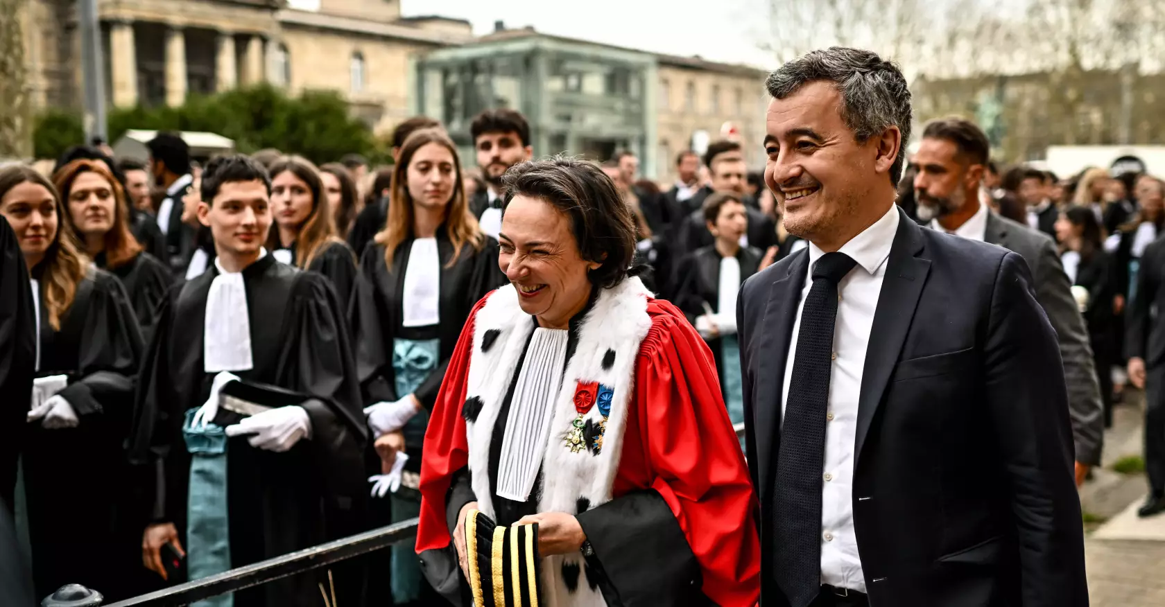 Gérald Darmanin lors de la cérémonie de prestation de serment des nouveaux magistrats, au palais de justice de Bordeaux, le 21 février